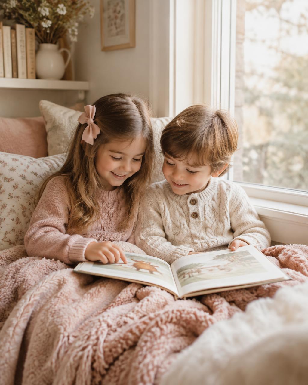 Two children reading a picture book together by a window